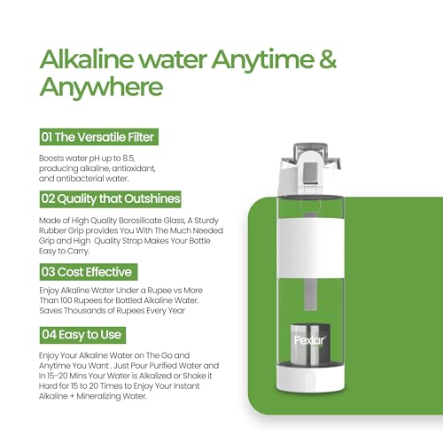 Image of Pexlar Tritan Multi Stage Alkaline Water Filter Bottle | Alkaline Water Generator | Water Bottle with Filter inside | White | 650 ml | Multirich Mineral Water - BPA Free