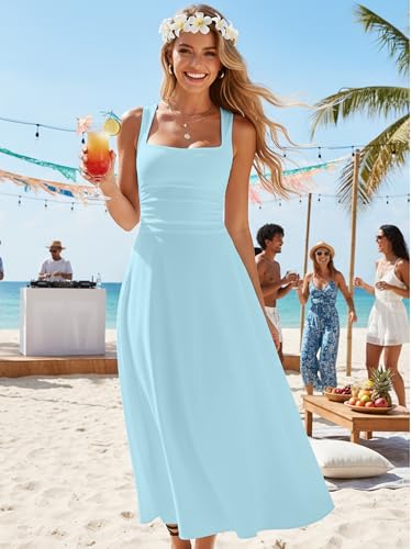 Image of Kaximil Women's Square Neck Corset A Line Maxi Dress Ruffle Ruched Waist Flowy Long Dresses