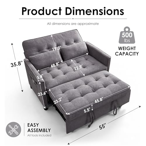 Image of Dreamzie 55'' 3 in 1 Convertible Sofa Bed with USB Charging Ports, Pull Out Couch with Adjustable Backrest and Side Pockets, Sleeper Sofa for Living Room, Apartment, RV, Easy Assembly - Grey