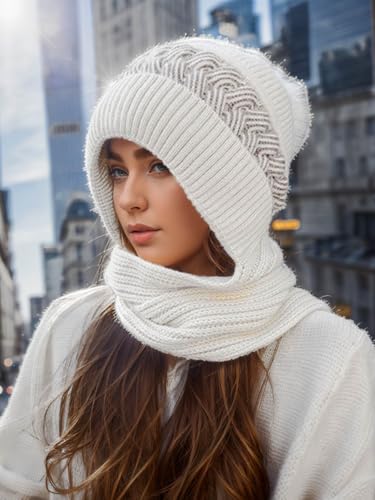 Christmas gifts,Christmas party decorations,winter beanie hat scarf gloves set for women,Women's Hat, Scarf, and Touchscreen Gloves Set for Cold Weather (White)3