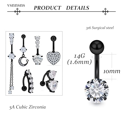 Vsnnsns 14G Heart Belly Button Ring Piercing Jewelry 316L Stainless Surgical Steel Cubic Zirconia Navel Rings Clear Heart CZ Reverse Belly Button Ring Piercing Jewelry for Women Men Hypoallergenic3