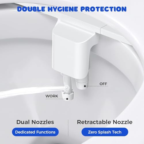 Image of POCALAND Bidet Attachment for Toilet Seat, Non-Electric Cold Water Bidet with Pressure Controls, Dual Nozzles for Frontal & Rear Wash, Retractable Self-Cleaning for Female & Old- White