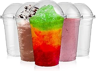 Signature Packaging Strong Plastic Smoothie Cups with Dome Lids - 50 Pack of 16 oz Plastic Cups with Lids for Smoothies, Milkshakes, and Thick Drinks - Recyclable, Hand Washable and Reusable