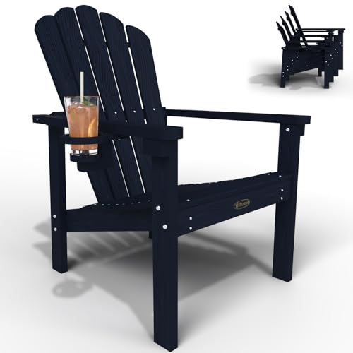 THOEOE Stackable Adirondack Chair, HDPE All-Weather Adirondack Chairs - Durable and Space Saving, Plastic Outdoor Fire Pit Chairs with Cup Holder,Navy Blue