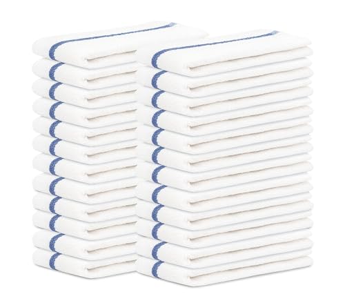STF Linen Bar Mops Blue Stripe Pack of 24 Kitchen Towels 16x19 Multi-Purpose for Home, Restaurant and Cleaning White Absorbent Washcloth Dishcloths Sets, Reusable Dish, Cloths Rags
