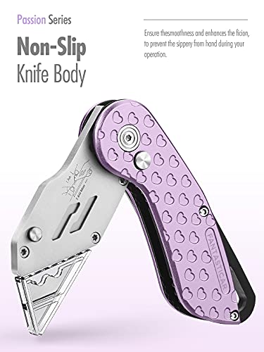 FantastiCAR Folding Utility Knife, Cute Metal Box Cutter with Extra 5 Sharp Blades, Quick Blade Change, and Preminium Gift Packaging, for Cardboard Opener, Paper Cutter (Purple Hearts)