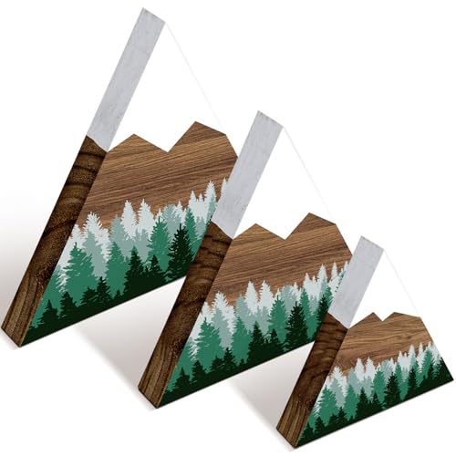 Image of Maitys 3 Pcs 3 Size Mountain Shelf Decor Mountain Wooden Sign Farmhouse Wood Forest Sign Woodland Nursery Decor Travel Adventure Table Centerpiece for Home Farmhouse(Green)