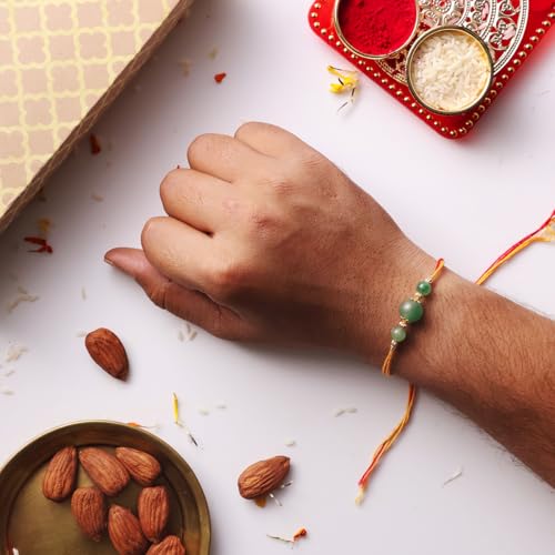 Image of Shubhanjali Crystal Beads Rakhi for Brother | Handmade Healing Crystal Stone Designer Rakhi for Bhaiya | Raksha Bandhan Gift Set with Roli Chawal, Kumkum, Greeting Card & Potli