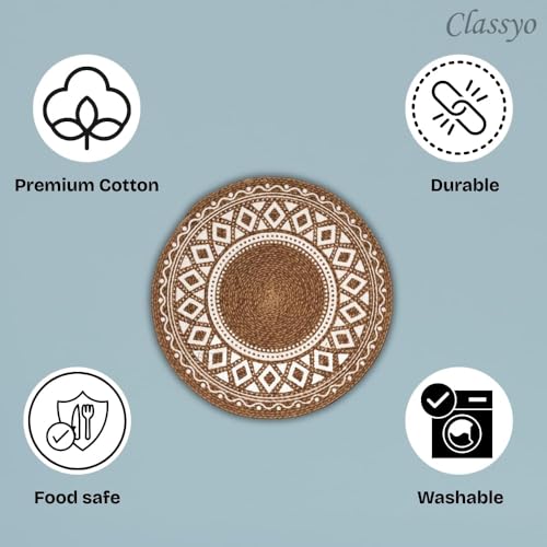 Image of Classyo Cotton Dining Table Placemats, 15 inch | Washable Round Dining Table Mat | Coasters for Dining Table for Hot Pots, Plates and Pans | Placemats for Dining Table Set of 6, (Brown Design)