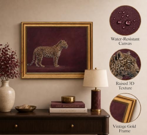 Image of Gold Framed 3D Textured Wall Art, Vintage Burgundy Cheetah Canvas Prints, Minimalist Maroon Wildlife Pictures Decor, Luxury Animal Gallery Artwork for Living Room Bedroom Entryway 16x12inch