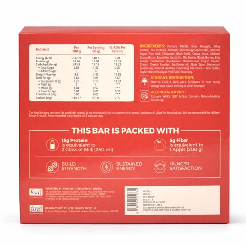 Image of Choco Berry Protein Bar | 15g Protein Energy Bar | Gluten Free High Fiber Healthy Snack | Zero Added Sugar Nutrition Bar | Daily Fitness, Gym & Diet Snack - 50g (Pack of 6)