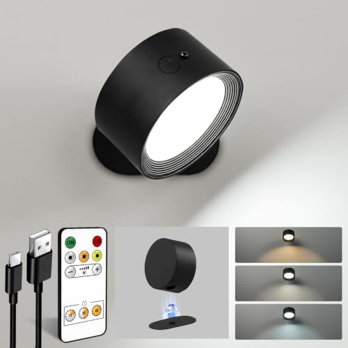Image of EZVALO LED Wall Lights, 2000mAh Rechargeable Wall Lights Indoor, 3 Color Temps with Remote and Touch Control, 360°Rotation Dimmable Cordless Wall Light for Living Room Bedroom (Black, 1 Pack)