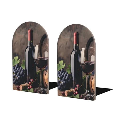 Wood Book Ends Non-Skid Bookends Grapes Red Wine Glass Book Ends for Shelves Modern Book Holder Decorative Bookends for Office Home 1 Pair
