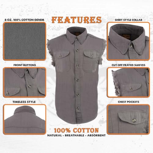 Image of Milwaukee Leather DM4009 Men's Sand Lightweight Denim Shirt with with Frayed Cut Off Sleeveless Look