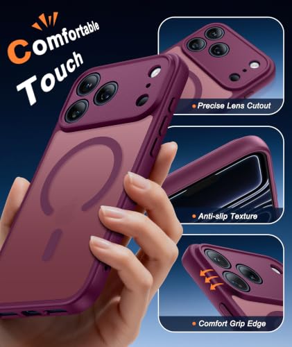 Image of FNTCASE for iPhone 17 Pro-Max Case: Translucent Wine Red Slim Matte Cover Compatible with MagSafe, Full Camera Protection & Tempered Glass Protector, 14FT Military Grade Drop Tested