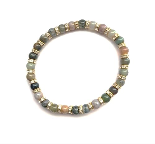 Rootd Spa Handmade Genuine Gemstone Bracelet 6mm Indian Agate with Gold-tone Metal Crystal Rondelle Spacers Stretch Design