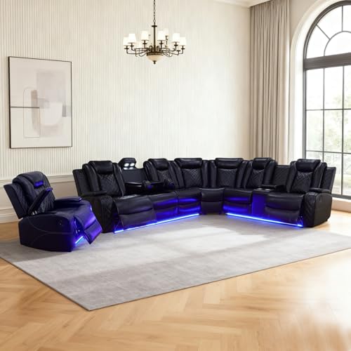 SITYRUBE Power Leather Recliner Sectional Sofa Set with LED Lights,L