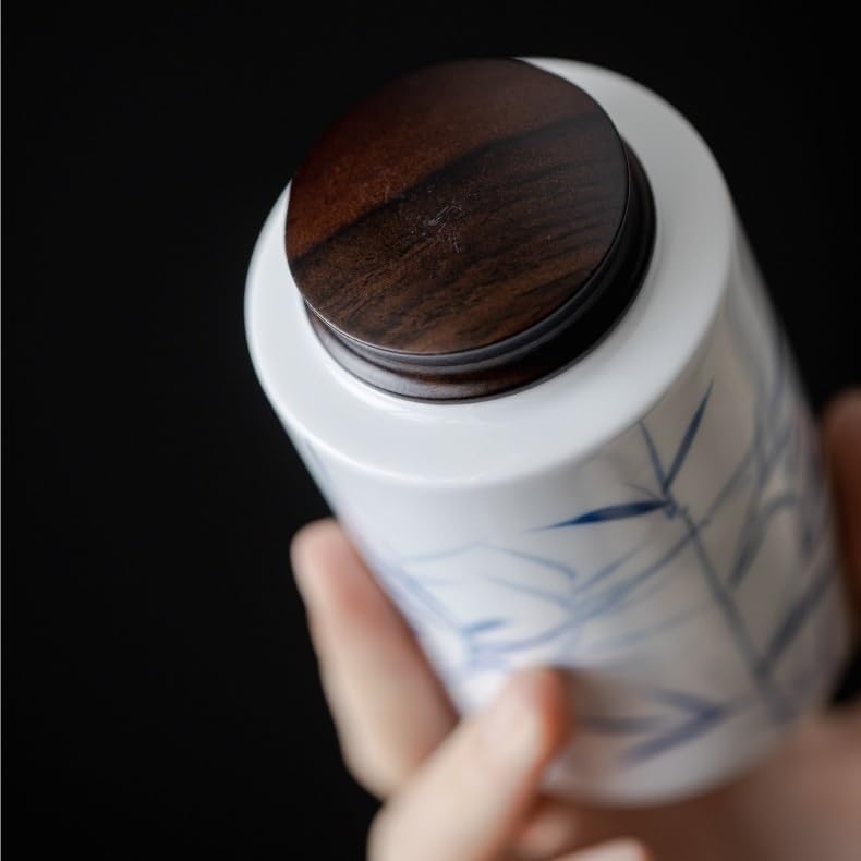 SONGCHAO Sugar Jar Hand-Painted Ceramic Tea Jar Ebony Lid Sealed Portable New Chinese Style Storage Tea Canister(A)