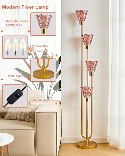 Image of 4-Light Modern Glass Floor Lamp, Gold Tall Standing Lamp with Deep Red Flower Glass Shade, Dimmable LED Floor Lamp with Line Control &5Lbs Heavy Base for Living Room Bedroom, Bulb Included