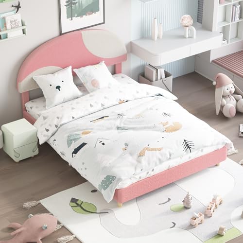 Garvee Full Bed Frame with Round Boucle Headboard, Upholstered Arch-Shaped Design in Soft Pink and White, Modern Kids Bed with Wooden Slats, No Box Sp