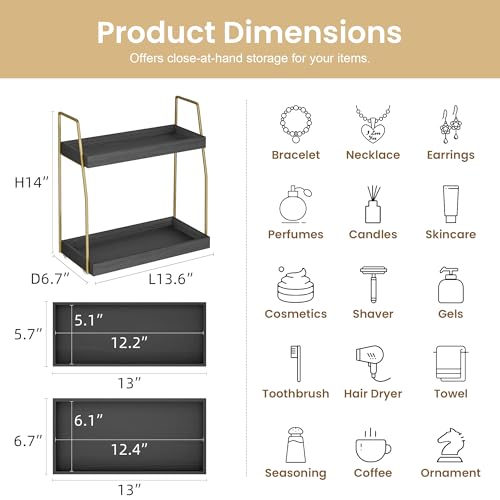 Image of Bathroom Countertop Organizer, Counter Organizer for Bathroom Decor | Wooden Sink Shelf for Vanity Storage, Makeup Tray for Perfume Skincare Bedroom Kitchen Coffee Bar (2 Tier, Black and Gold)