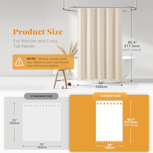 Image of BTTN Stall Shower Curtain - 60x84 Long Boho Farmhouse Linen Weighted Fabric Shower Curtain Set with 10 Plastic Hooks, Narrow Bohemian Country Decorative Shower Curtains for Bathroom - Cream /Beige