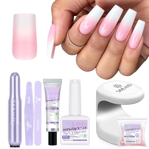 Image of SAVILAND Gel Nail X Kit: 4X Soft Tips with Drill, 256 Ombre Full Cover Nails Tips, Castor Oil Glue, LED Lamp & Portable Drill for Home Manicure