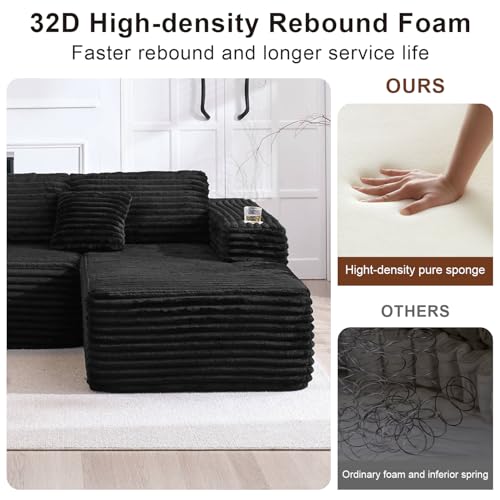 Image of Cloud Sofa Sectional Couch with L-Shape Chaise, Modern Corduroy Boneless Modular Sofa with Cup Holder for Living Room and Apartment, Deep Seat Floor Couch No Assembly (Black, Right Facing Chaise)