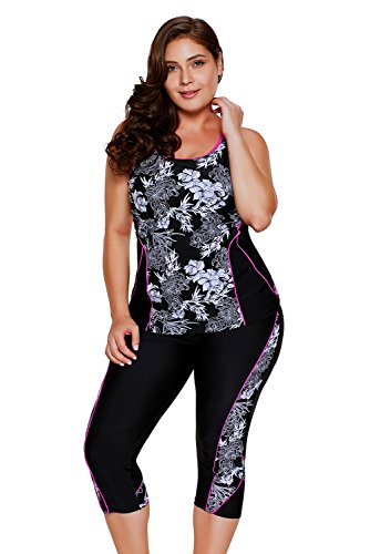 Maillot de bain sculpté tankini imprimé noir et capris idéal pour la plage et l'aquagym