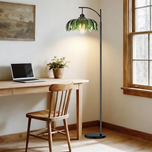 Image of QIYIZM Glass Floor Lamp for Living Room,Bedroom,Gold Dimmable Standing Lamp with Remote,Mid Century Modern Brass Tall Lamp Boho Vintage Retro Floor Lamps Arc Green Flower Floor Light Lamp Bohemian