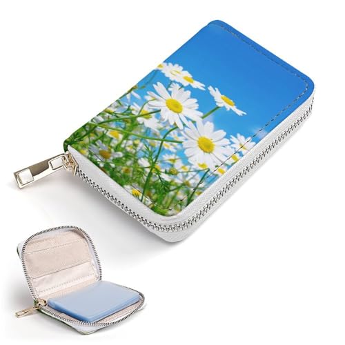 Women Leather Coin wallet, Key Change Organizer Zipper Card Holder Purse Clutch Pouch Pocket 4.5x3.15 in Print White Daisy Flowers Green Leaves Blue Style Good Weather2