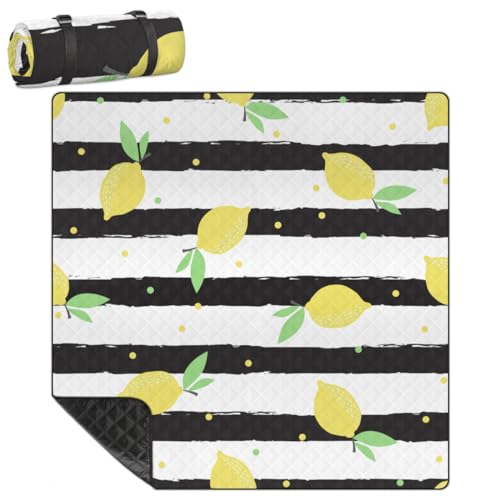Shimoshe Extra Large Picnic Blankets 79”x 79”, Striped Background Lemon Waterproof Foldable Picnic Mat with Straps Portable Beach Blanket for Camping Park Grass Beach Indoor