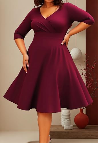 Image of Womens Plus Size Dresses Faux Wrap Summer Dress 3 /4 Sleeves V Neck 1950s Retro Vintage Wedding Party Midi Dress