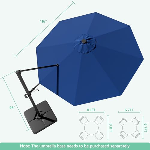 Image of Greesum 10FT Outdoor Patio Umbrella with High Pedel and 4 Gear Heights, Large Offset Umbrella with Solar LED Lights and 360-degree Rotation, Without Base, Hanging Outdoor Shade for Garden, Deep Blue