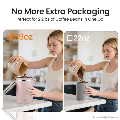 Image of Veken Coffee Canister,39OZ, 2.2lbs,Large Airtight Stainless Steel Container | Date Tracker, Kitchen Food Storage Jars for Beans, Ground, Espresso, Rice,Tea, Sugar, Cereal, Cookie,Gifts, Lids, Scoop, Pink