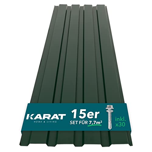 KARAT - Lot de 15 tôles trapézoïdales 115 x 45 cm - Tôle profilée avec vis - Tôle de toit de 7,7 m² - Épaisseur 0,25 mm - Plaques de toiture en tôle d'acier revêtement mural (vert)