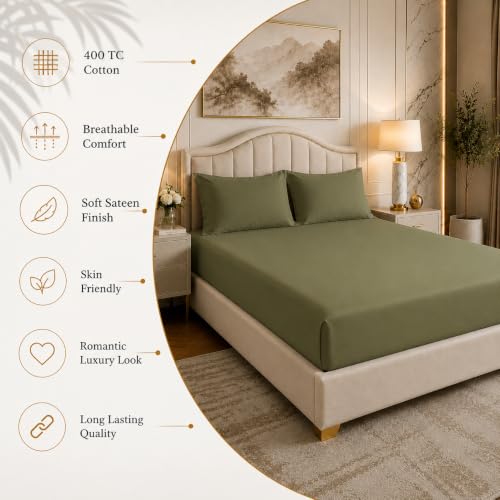 Image of LINENWALAS 100% Cotton Fitted Bedsheet, 400tc Long Staple Imported Egyptian Cotton, Premium Bed Sheet with Pillowcase for Queen Bed All-Around Elastic for 4-8 Inch Mattresses (60 inch x78 inch, Moss Green)