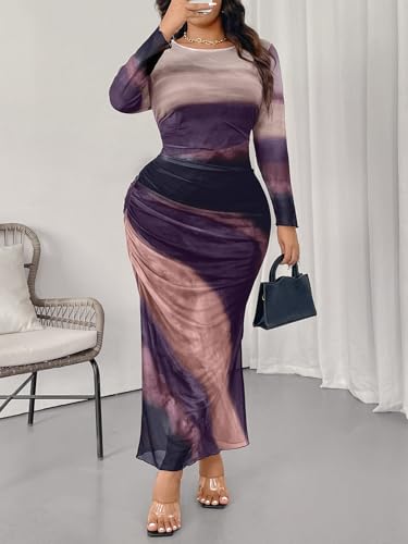 Milumia Women's Plus Size Tie Dye Ruched Bodycon Maxi Dress Long Sleeve Mesh Dresses4