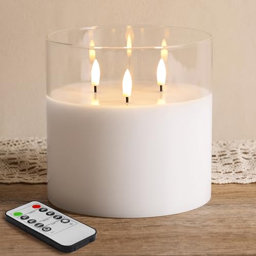 Eywamage Large 3 Wick Clear Glass Flameless Pillar Candle with Remote