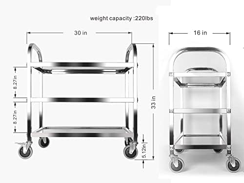 tonchean 3 Tier Stainless Steel Catering Trolley on Wheels Kitchen Utility Cart L75*W40*H83.5cm Serving Trolley Storage Cart with Lockable Wheels for Home Restaurant Hotel Bar Weight Capacity 220LBS