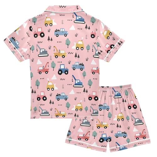Cute Cartoon Colorful Cars Pink Summer Satin Pajama Set, Cute Button-Down Sleepwear Pj Set for Sleep Wears2
