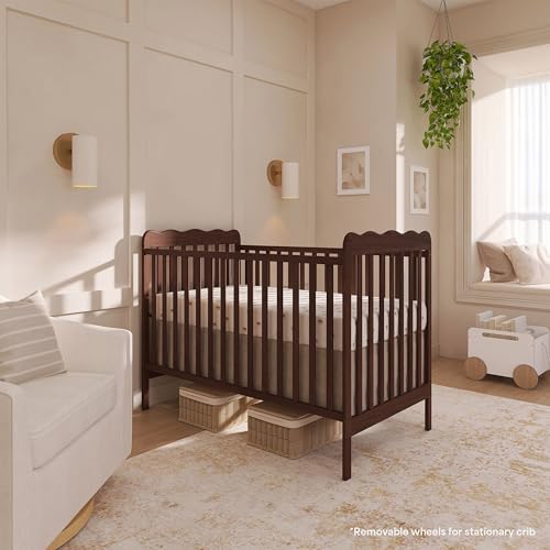 Image of Dream On Me Carson Classic 3-in-1 Convertible Full-Size Baby Crib in Walnut, GreenGuard Gold & BSA, 4 Mattress Heights, Converts to Day & Toddler Bed, Locking Wheels, Classic Nursery Design