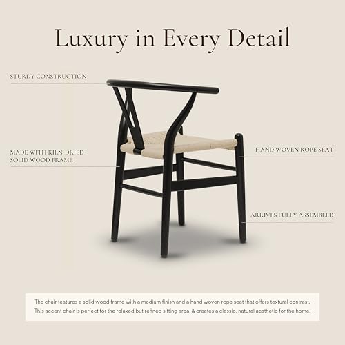 Image of Poly & BARK Weave Dining Chairs - Mid-Century Modern Wishbone Dining Chairs with Arms, Solid Wood Frame, Indoor Use - Black - Set of 2 - Ideal for Dining Room, Kitchen or Stylish Accent Setting