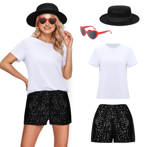 Mokkin 4 Pcs Adult Women Tay Tay Costume Shirt Shorts Black Bowler Hat Heart Sunglasses Outfit Singer Music Concert Uniform (Small)