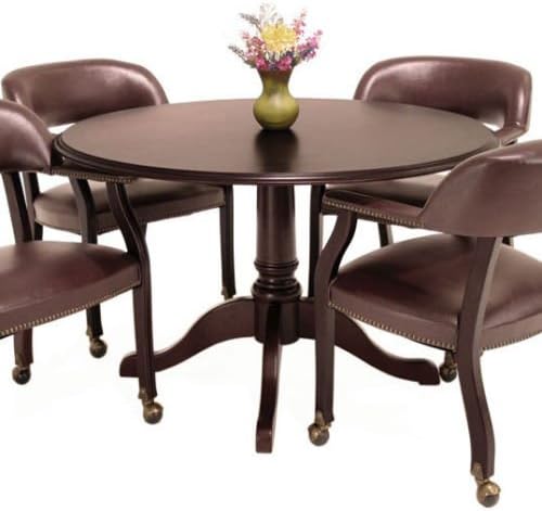 Traditional Round Conference Table and Chairs Set, Conference Meeting Office Room, Mahogany Finish (42" with 4 Chairs, Burgundy Upholstery)