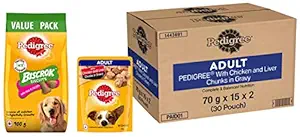 Pedigree Adult Wet Dog Food, Chicken & Liver Chunks in Gravy, 70 g (Pack of 30) & Pedigree All Life Stages Biscrok Biscuits (Above 4 Months), Milk and Chicken Flavor, 900g Pack
