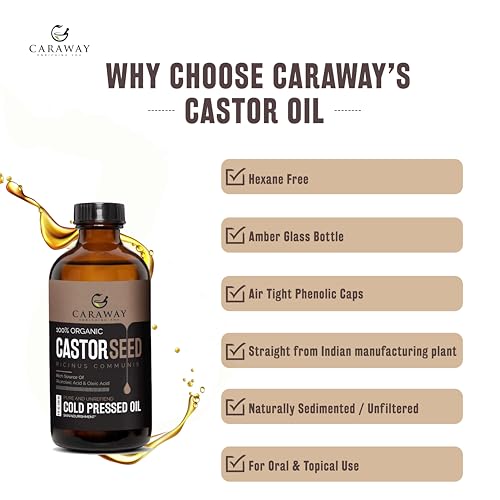CARAWAY Organic Cold Pressed Castor Oil – Edible for Constipation Relief & Hexane-Free Castor Oil for Hair Growth, liver detox Skin & Joint pain glass bottle – 236 ml / 8 oz