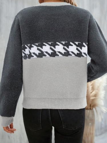 Image of chouyatou Women's Vintage Color Block Long Sleeve Pullover Sweater Houndstooth Printed Crewneck Jumper Tops