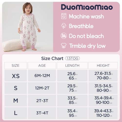 Image of Duomiaomiao 1.5 TOG Wearable Blanket 12-24 Months 100% Cotton Four Season Side Open Zipper Baby Sleep Sack with Feet, Breathable Toddler Sleep Bag