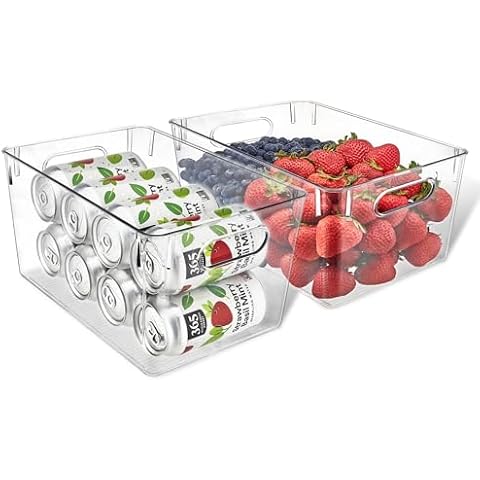 Lifemaster Multi-purpose Refrigerator Bins - 2 pieces Large Capacity Stackable Fridge Bin Organizer with Easy Grip Handles - Clear Cover